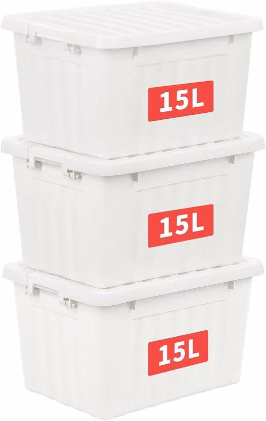 Set di 3 contenitori Ibbenzoa® da 15 litri ciascuno, realizzati in polipropilene, impilabili e nidificabili, con chiusura a scatto di sicurezza, opachi e dotati di maniglia