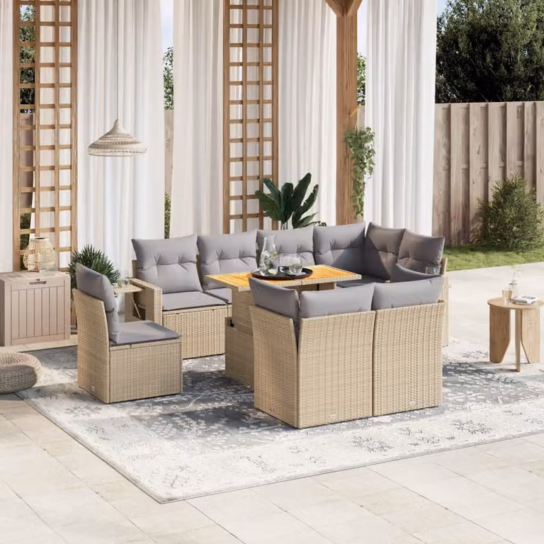 vidaXL Set Divano da Giardino a L 9 pz in Polyrattan con Cuscini Beige e Grigio