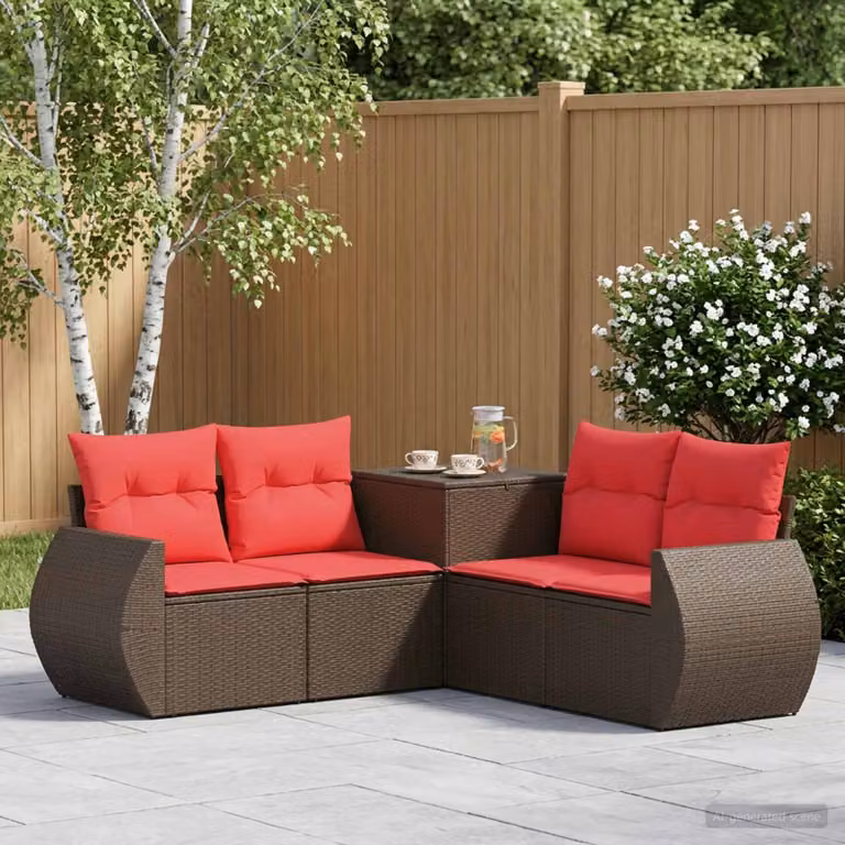 Set di divani da giardino vidaXL a forma di L con cuscini, in polyrattan marrone e rosso con struttura in metallo