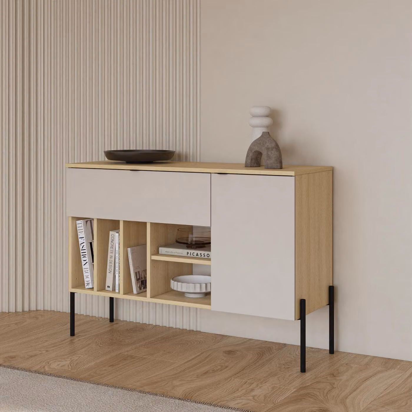 Cassettiera stretta combinata JAMIE - rovere/cashmere