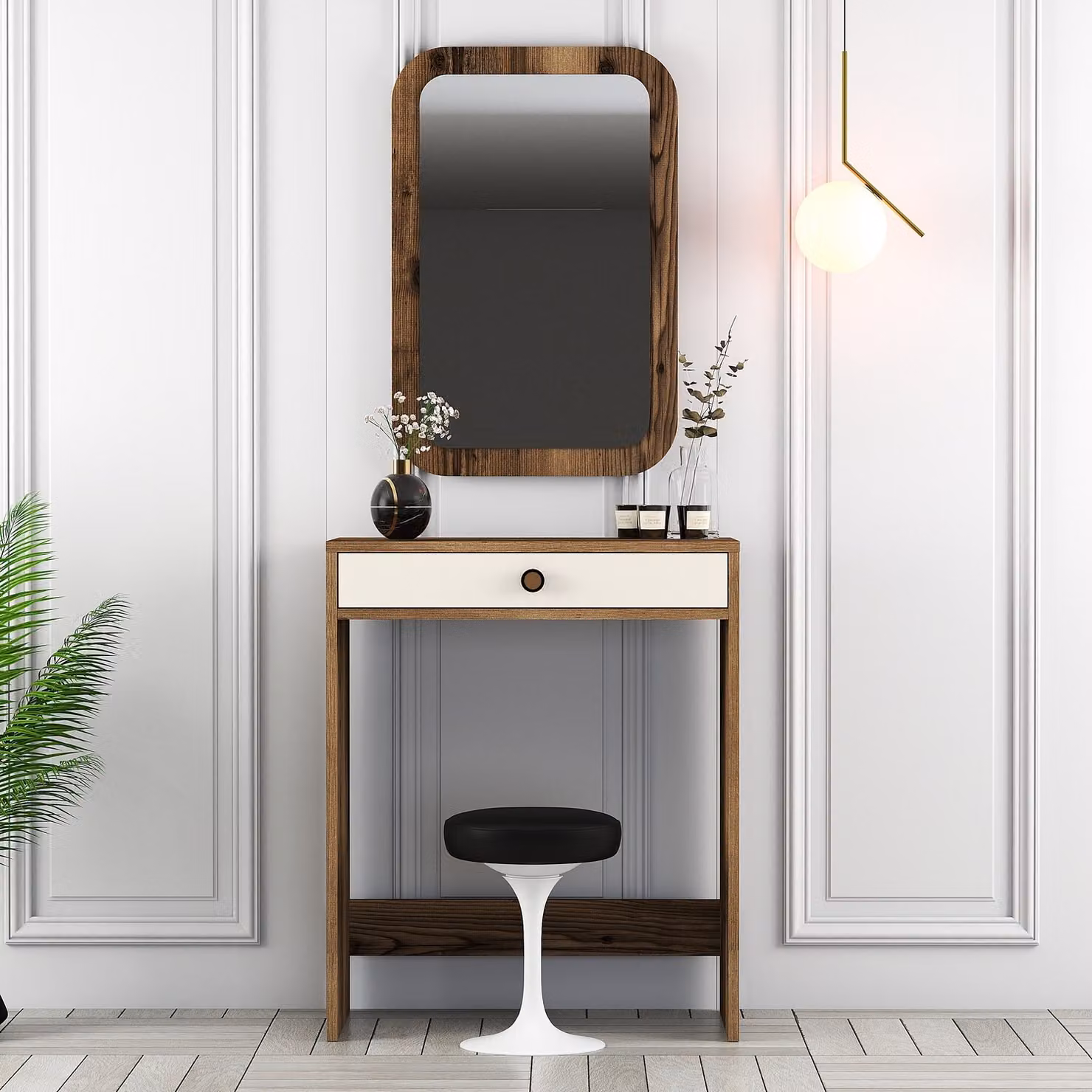 Skye Decor, Lizbon Mirror - Noce, Crema, Toeletta, Noce, 100% PANNELLI DI PARTICELLE RIVESTITI IN MELAMMINA, 70 x 84,7 x 40 cm
