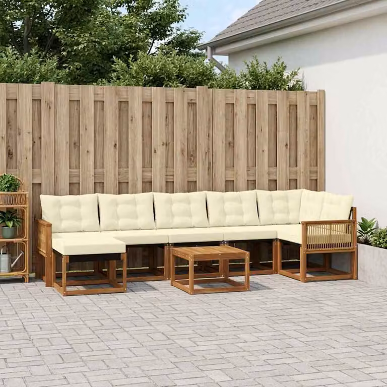 Set di divani da esterno vidaXL 8 pz in legno di acacia con cuscini beige e bianco