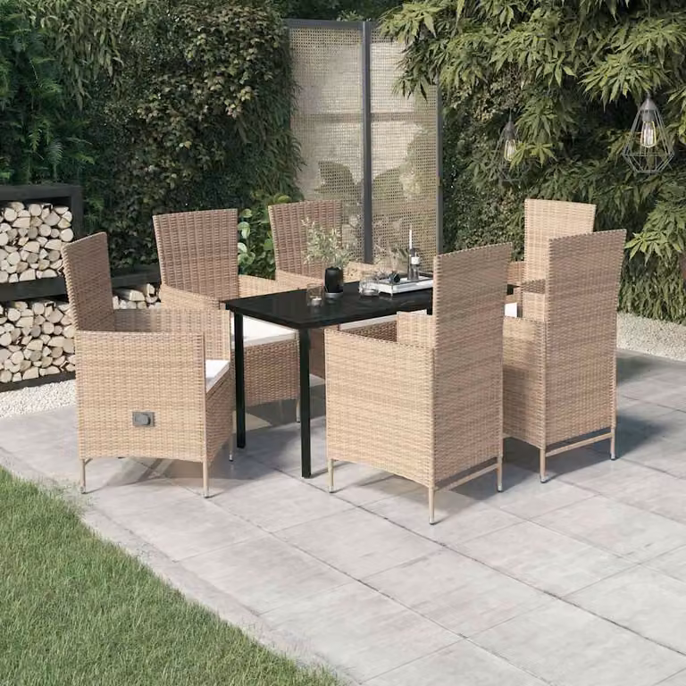 Set da pranzo da giardino vidaXL in polyrattan con cuscini beige e tavolo in vetro, 7 pezzi