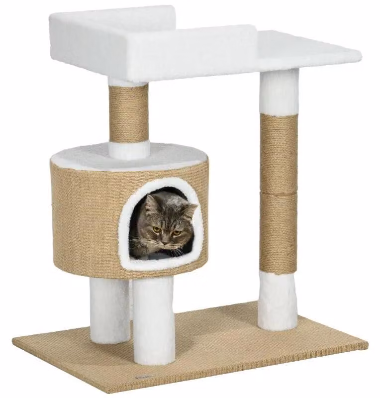 Albero per gatti con casetta e tiragraffi | Colore: Marrone e bianco | Dimensioni: 49x70x79 cm