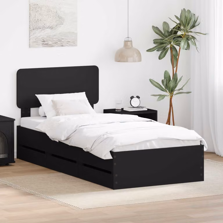 Struttura letto moderna vidaXL in legno ingegnerizzato con cassetti, colore nero, L 80 x P 190 cm