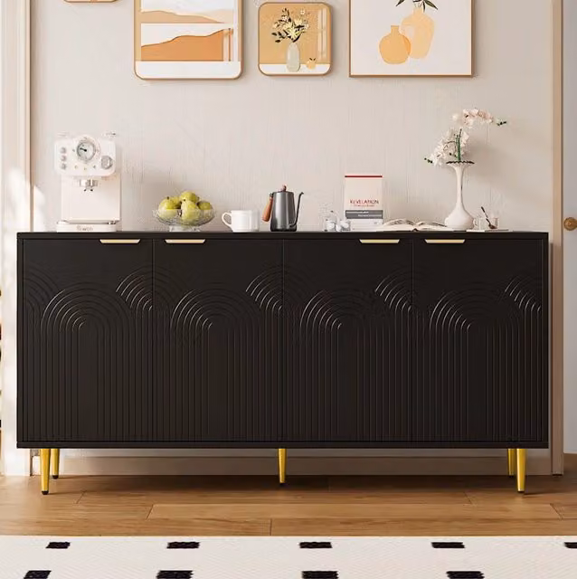 Credenza moderna con design geometrico e finitura opaca nera, dotata di cerniere soft-close, L: 160 cm, P: 40 cm, H: 80 cm