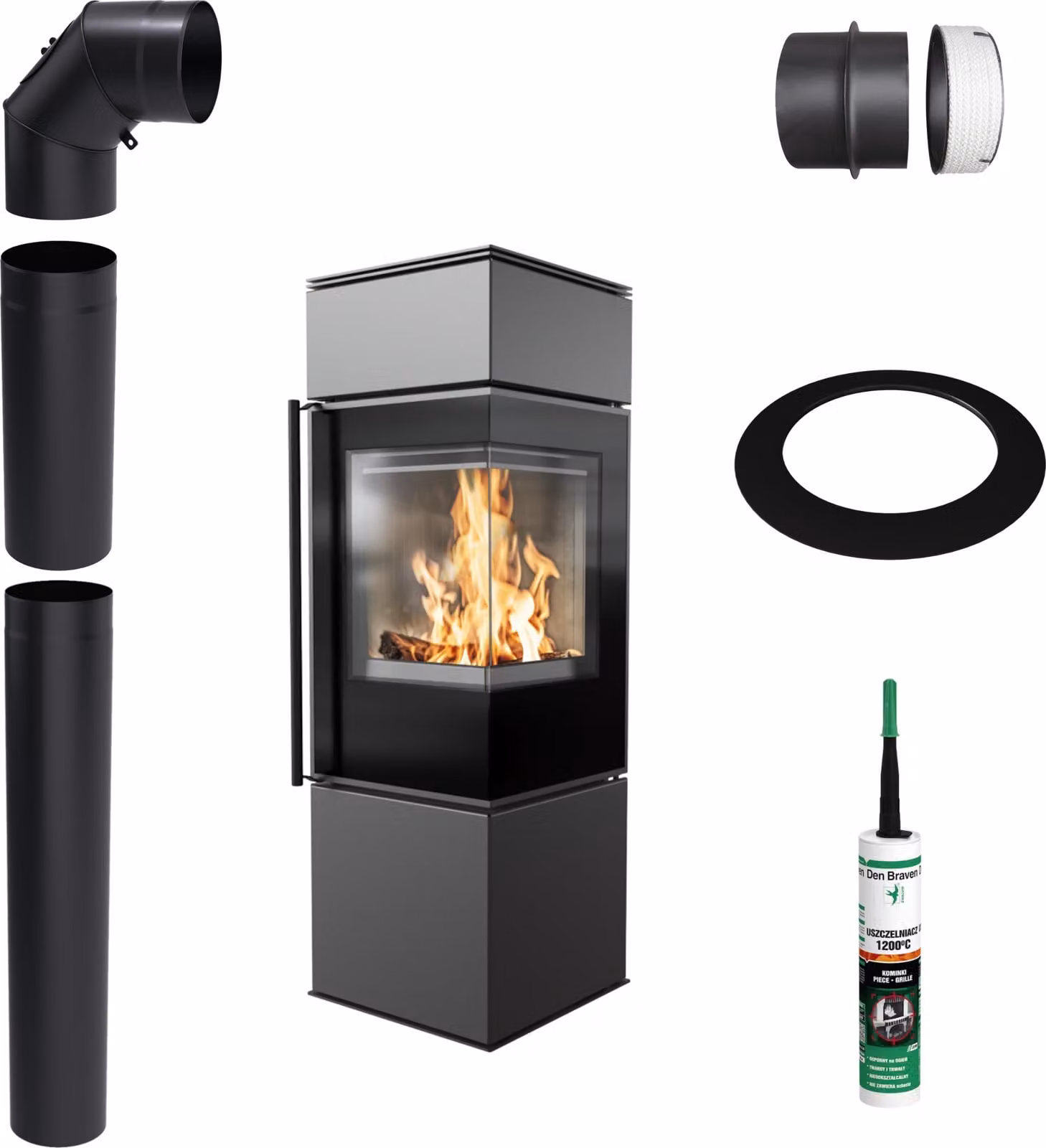 Stufa a legna KRATKI REN S/P 7kW Ø150 nera a libera installazione con kit di montaggio