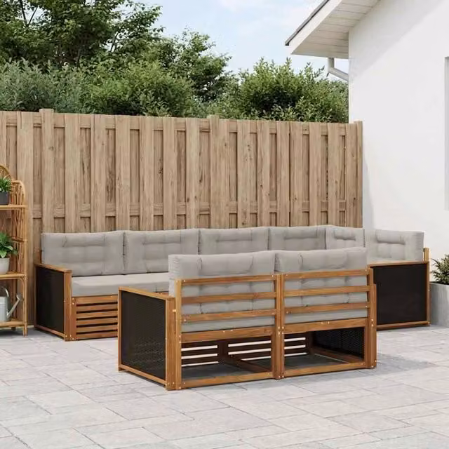 Set di divani da esterno a L vidaXL in legno di acacia con cuscini beige e grigio