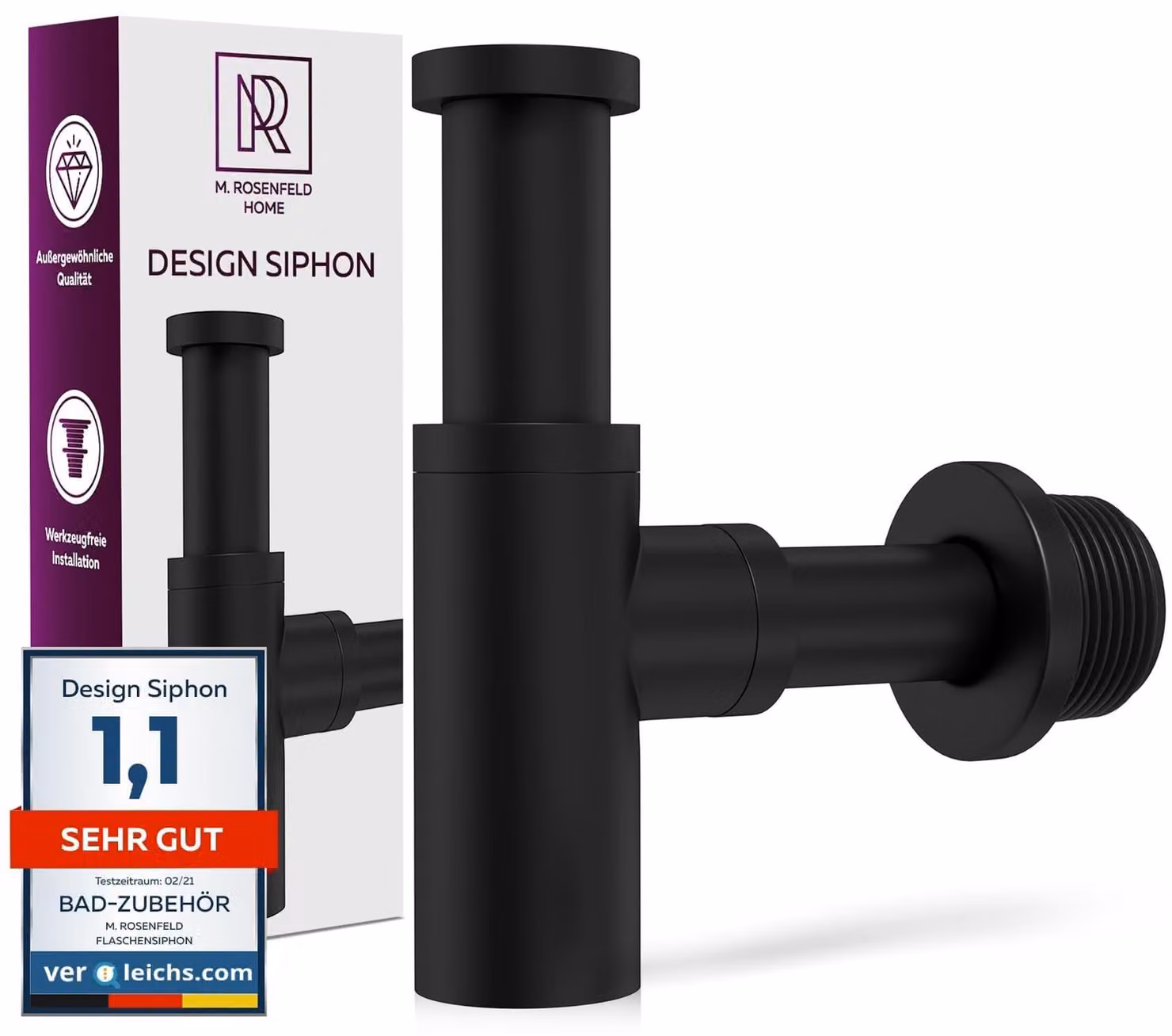 Sifone di design per lavabo, colore nero opaco