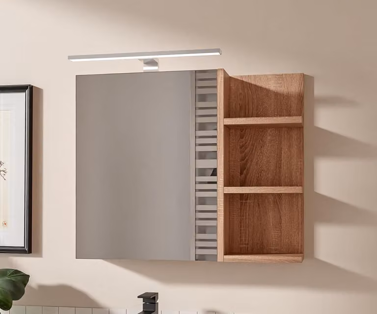 Armadietto Bagno Rovere Sonoma con Specchio e Luce LED 60x50 cm Pensile Bagno 1 Anta Apertura Senza Maniglia Ripiani a Destra