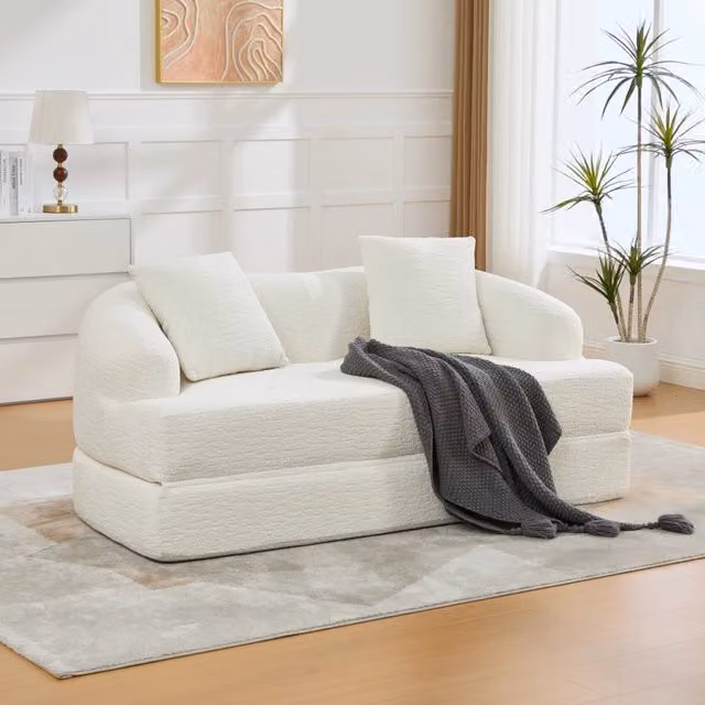 Desviae Divano letto pieghevole a 2 posti in ciniglia beige con due cuscini schienale e imbottitura in schiuma elastica
