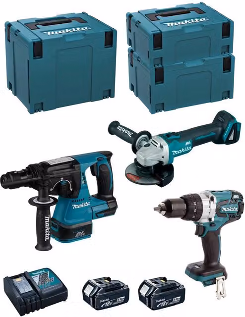 Kit utensili a batteria Makita MK312RTJ con avvitatore DHP481, perforatore DHR243, smerigliatrice DGA504, 2 batterie da 5,0 Ah, caricabatterie DC18RC e 3 contenitori MAKPAC
