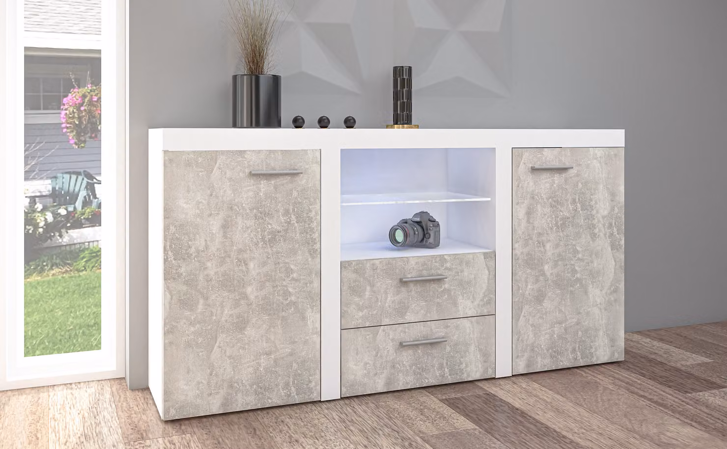 AX LIVING Comodino Spacoro 2T2S Moderno in bianco/cemento