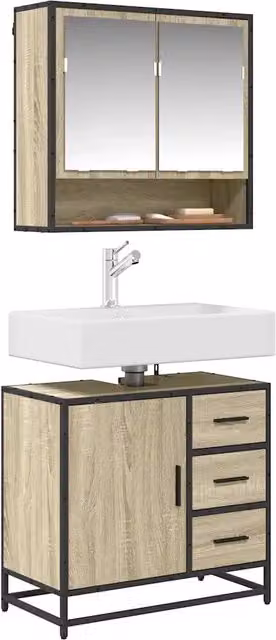 Mobile Lavabo da Bagno Design In in Rovere Oak Marrone con Ante a Battente e Cassetti, Sospeso, L: 65 cm, P: 33 cm, H: 60 cm