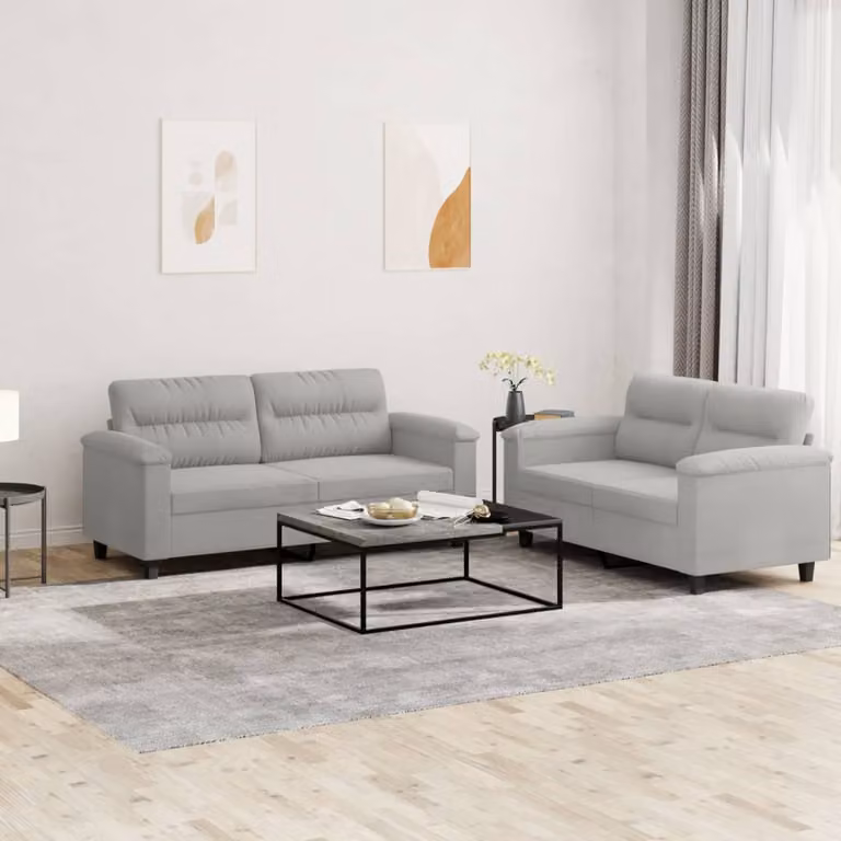 Set di 2 Divani vidaXL in Microfibra Grigia con Cuscini e Struttura in Metallo e MDF