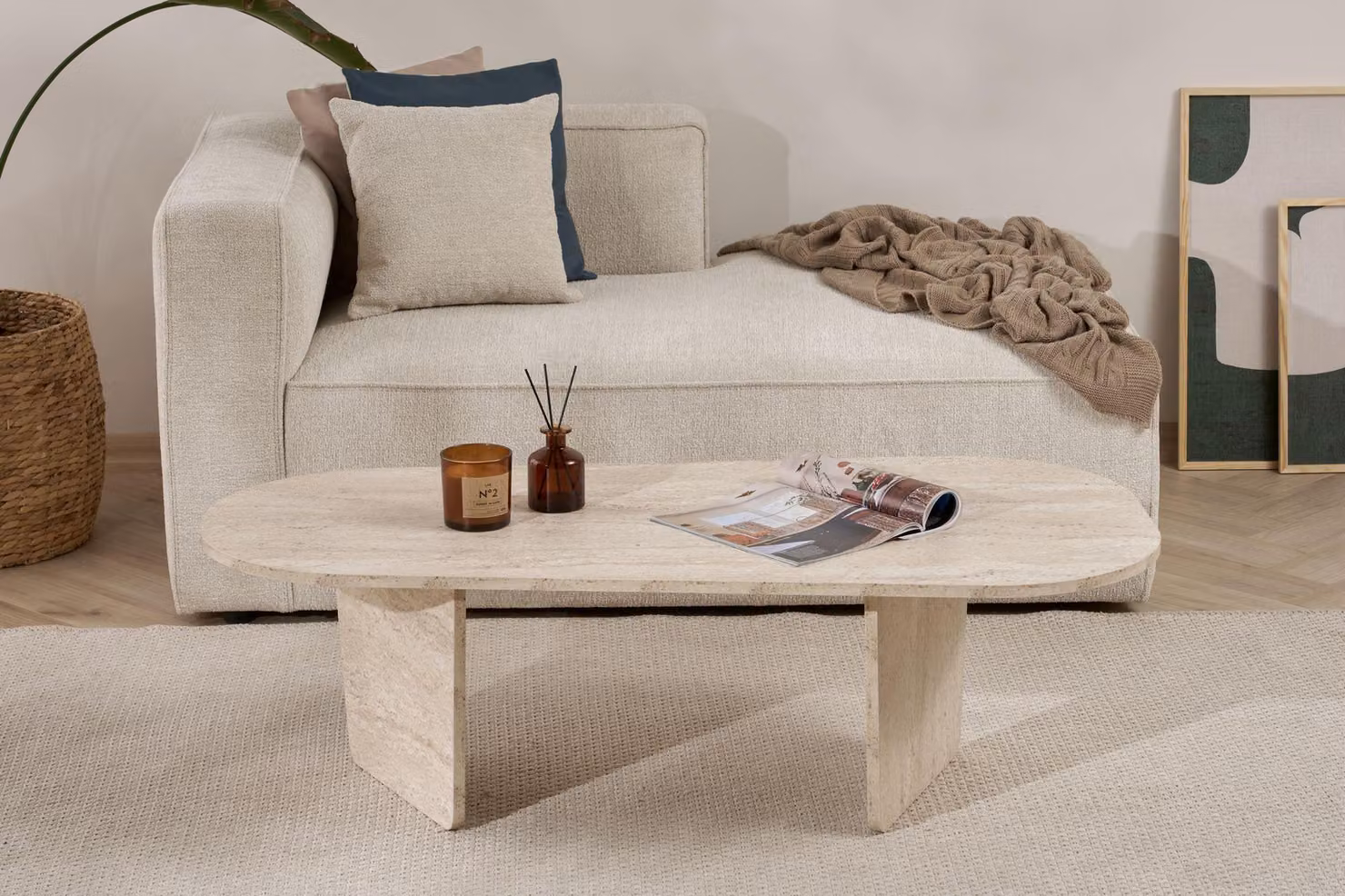 Skye Decor, Ovalis - Travertino, tavolino, travertino, piano in melamina 100 %, 130 x 65 x 40 cm