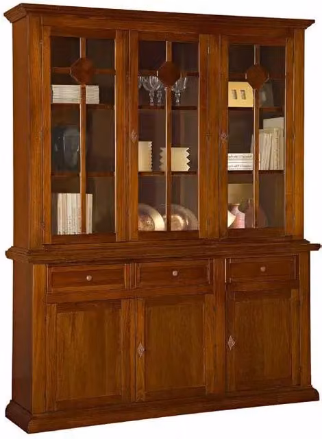 Cristalliera MOBILI 2G in legno di pino stile rustico con ante in vetro e cassetti, colore marrone, H: 221 cm, L: 167 cm, P: 47 cm