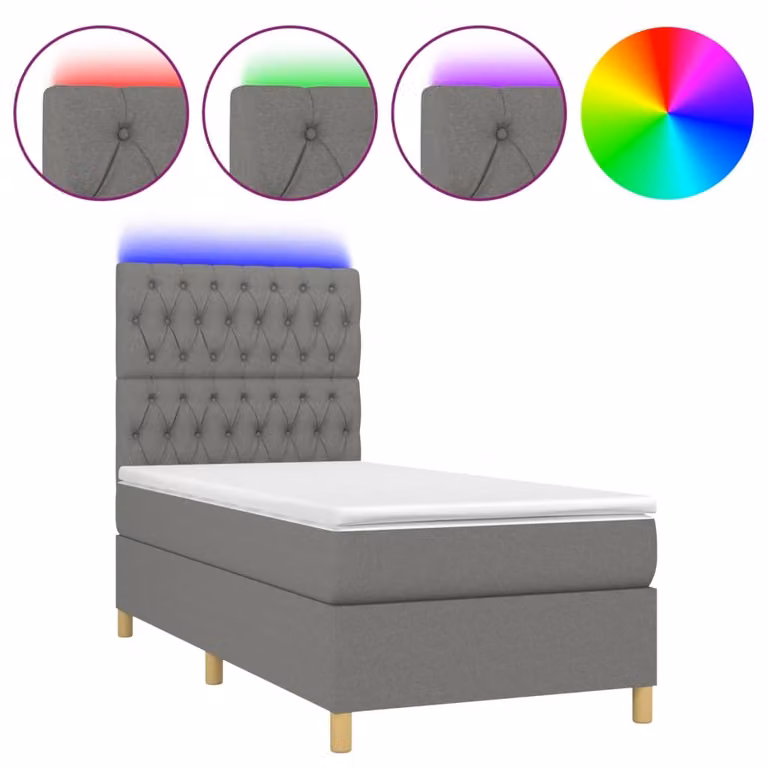 Letto a Molle Materasso e LED Grigio Scuro 90x200 cm in Tessuto