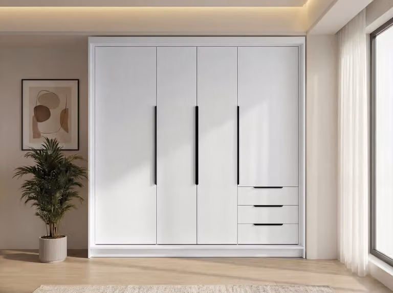 Spazioso armadio a quattro ante KLARI con cassetti e maniglie in metallo – design moderno