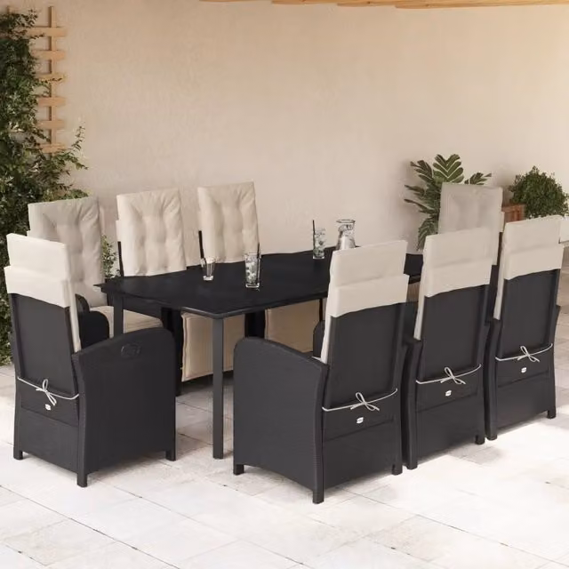 Set da pranzo da giardino vidaXL in polyrattan nero con cuscini e tavolo in vetro per 9 persone