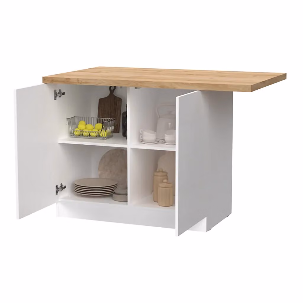 Isola da cucina DMORA moderna con ante a battente e ripiani interni, disponibile in bianco o rovere lucido, L: 130 cm, P: 80 cm, H: 90 cm – 2