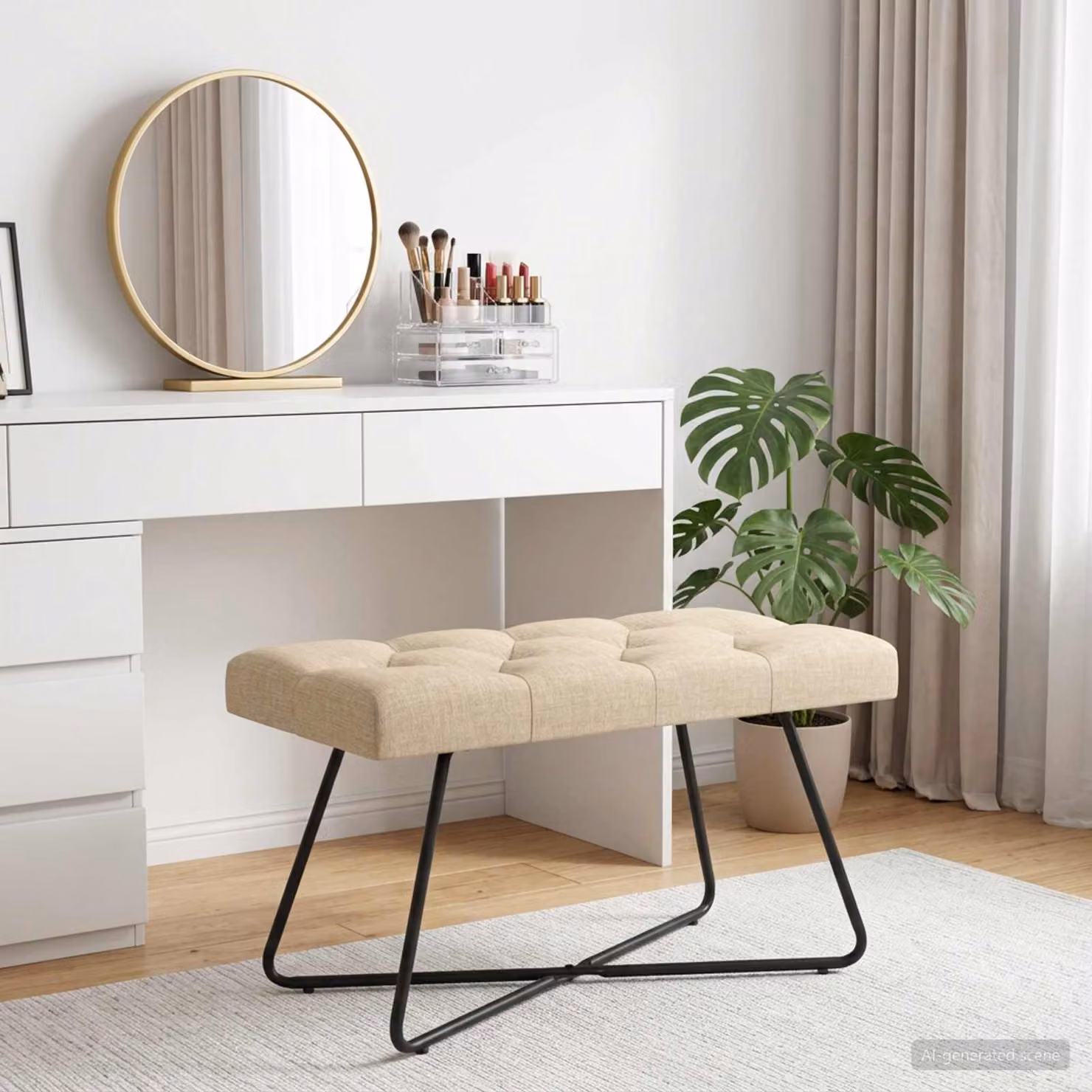 Panchina imbottita con bottoni vidaXL in tessuto beige L: 80 cm, P: 40 cm, H: 46 cm