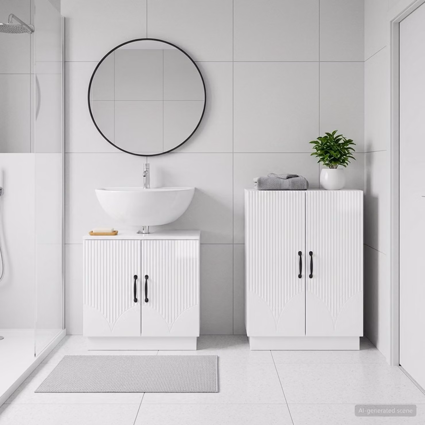 Set di mobili da bagno vidaXL HOORN composto da mobile lavabo e mobile laterale in legno bianco lucido L/P/H: 80,0 x 31,5 x 59,5 cm e 30,86 x 31,5 x 59,5 cm