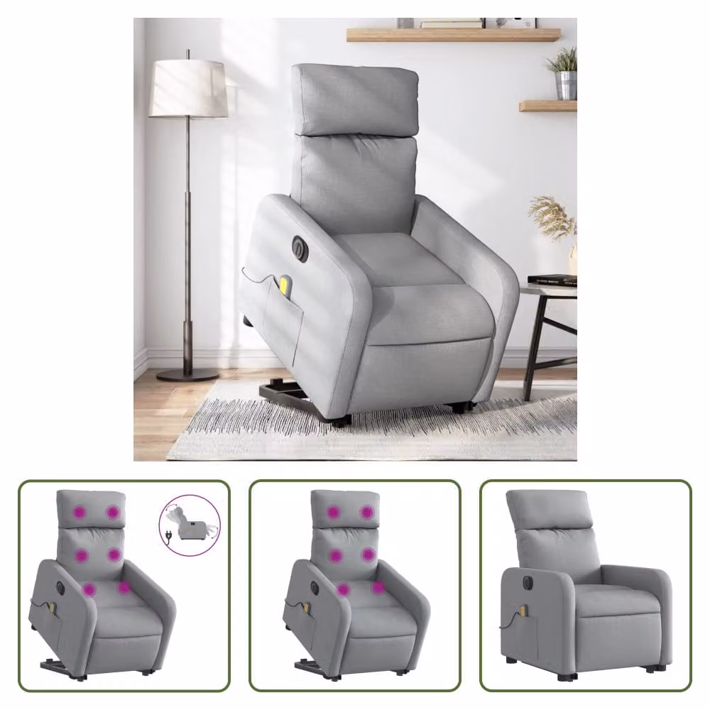 The Living Store Poltrona massaggiante elettrica con ausilio per la posizione eretta Tessuto grigio chiaro