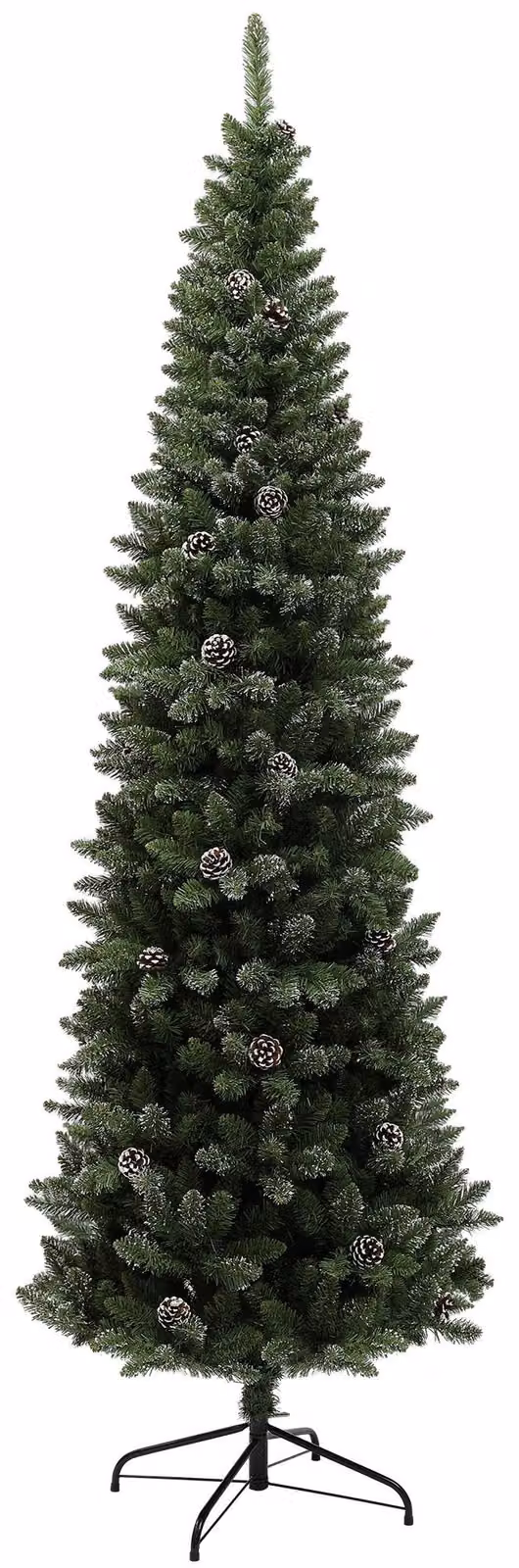 Albero di Natale Innevato Slim Alto 225 cm con 980 Rami Pigne e Base in Acciaio Verde