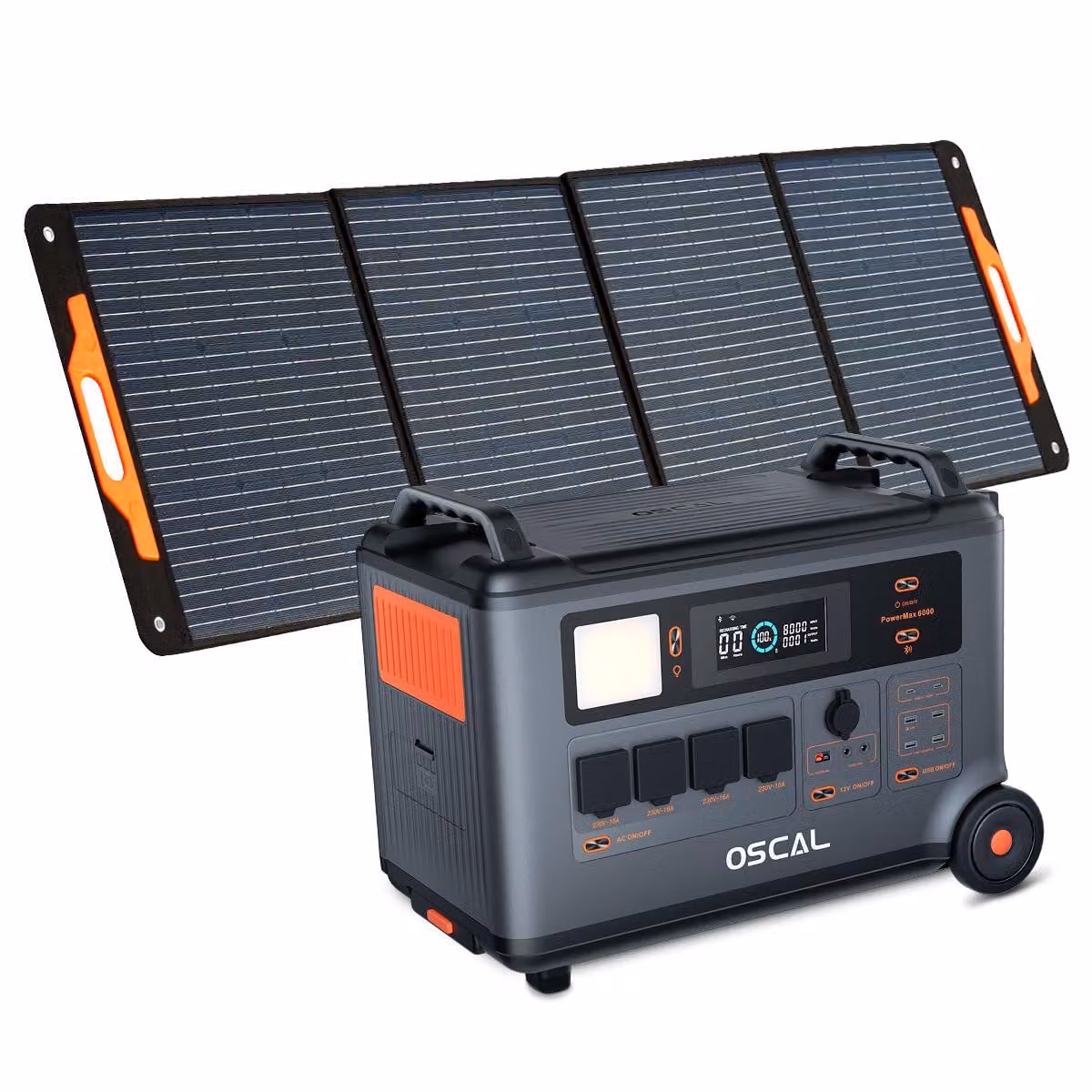Generatore di corrente PowerMax da 3600W, centralina di alimentazione da 3,60 kW, 3600 Wh, 14 uscite, luce LED, batteria di accumulo solare LiFePO4, con pannello solare pieghevole PM200 Pro