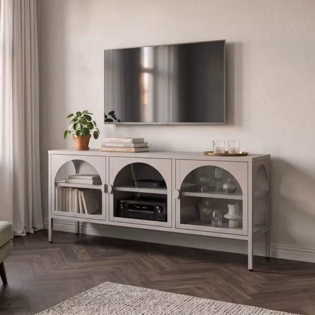 Vetrina Bassa Klippestad en.casa con 3 Ante in Vetro e 4 Scomparti, Grigio, L 118 x P 35 x H 55 cm