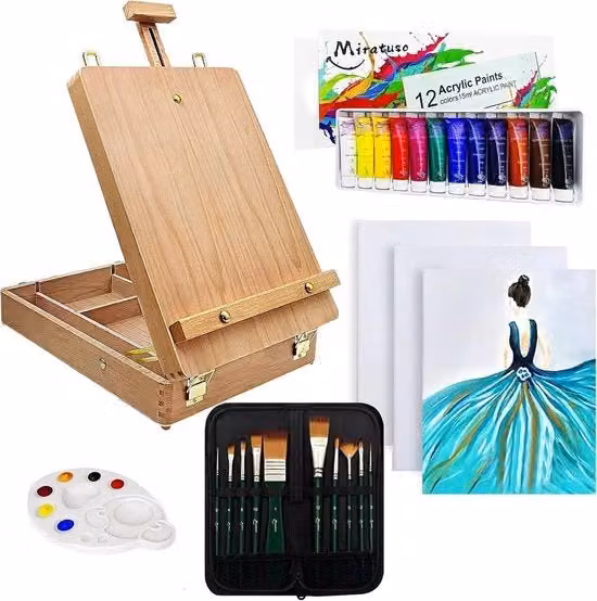 Set di 27 vernici acriliche multicolore con pennello per progetti creativi su legno, ideale per adulti