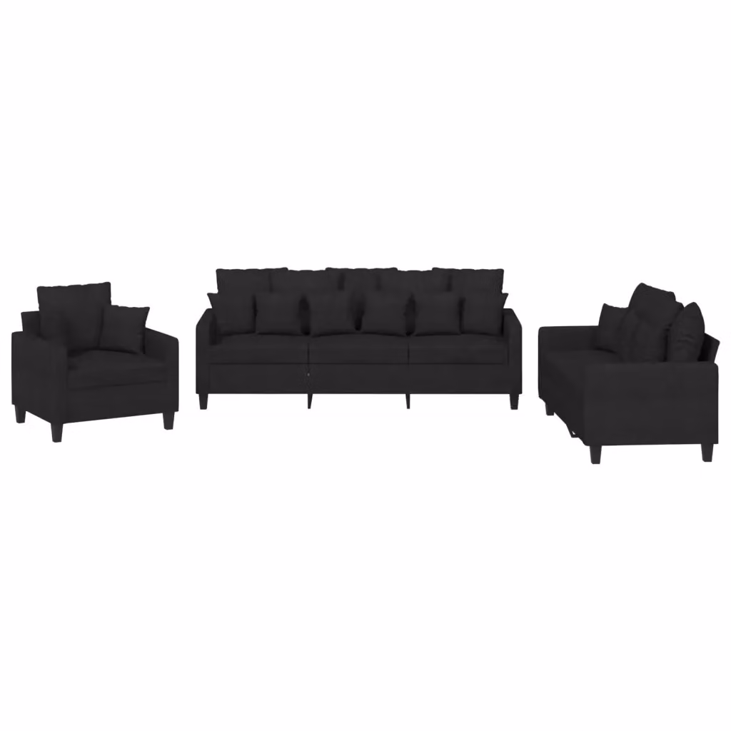 Set di divani vidaXL da 3 pezzi in tessuto nero con cuscini per soggiorno moderno – 2