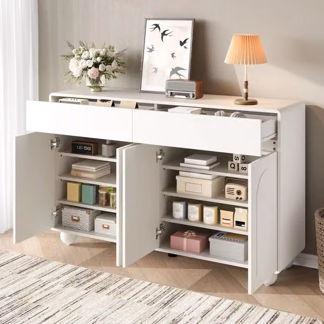 Credenza e madia con 2 cassetti, 4 ante e ripiani regolabili, per soggiorno, in MDF e PB, bianco, 140 × 38 × 89 cm
