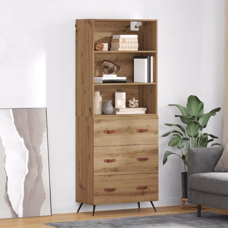 Credenza vidaXL in rovere marrone con ripiani e cassetti, stile minimalista, L: 69,5 cm, P: 34 cm, H: 180 cm