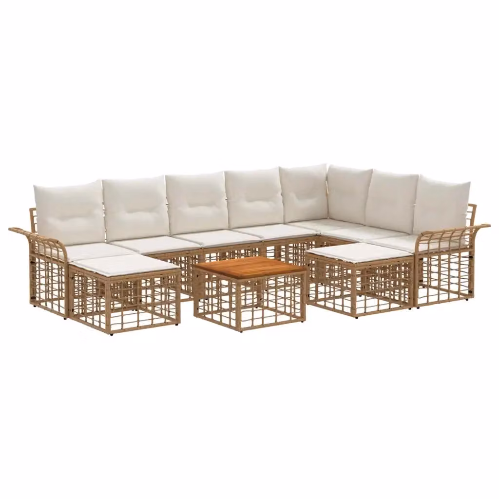 Set di divani da esterno vidaXL da 9 posti con tavolino e pouf, colore beige, bianco e marrone, struttura in metallo e rattan con cuscini inclusi – 2