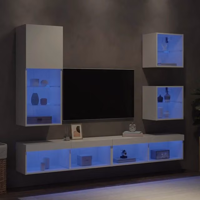 Mobili TV a Muro con LED 5pz-Set di 5 Credenza per TV sospesa Bianchi in Legno Multistrato 483484
