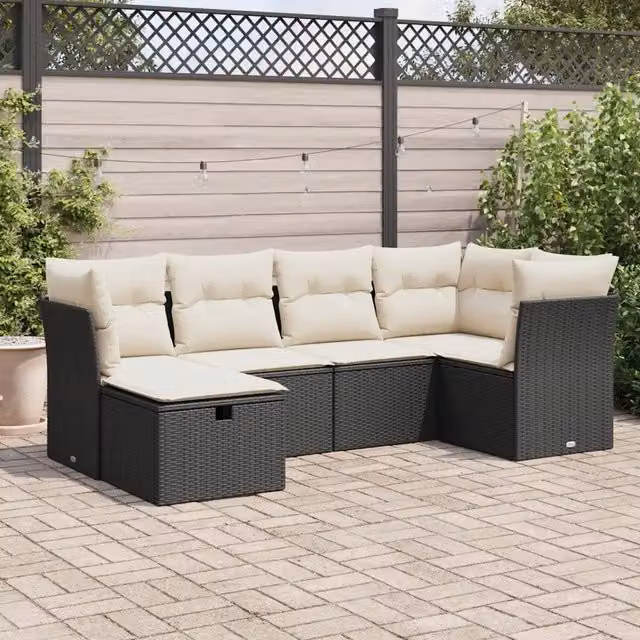 Set Divano da Giardino a L vidaXL in Polyrattan Nero con Cuscini e Ottoman per Terrazza e Giardino