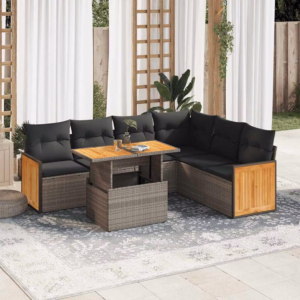 Set da giardino moderno vidaXL composto da 7 pezzi con polyrattan e legno di acacia, colore grigio, include cuscini e tavolino da esterno a forma di L