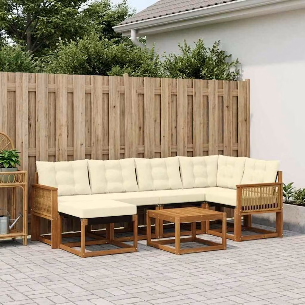 Set di divani da esterno vidaXL 7 pz in legno di acacia con cuscini beige e bianco per giardino e terrazza