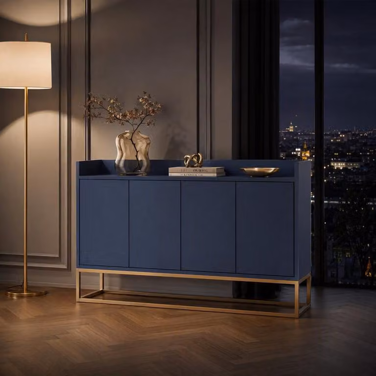 Mobile contenitore UnboxG, 120 cm, con 4 ante, ripiani interni regolabili in altezza e sistema di apertura a pressione, struttura in metallo dorato, colore blu navy