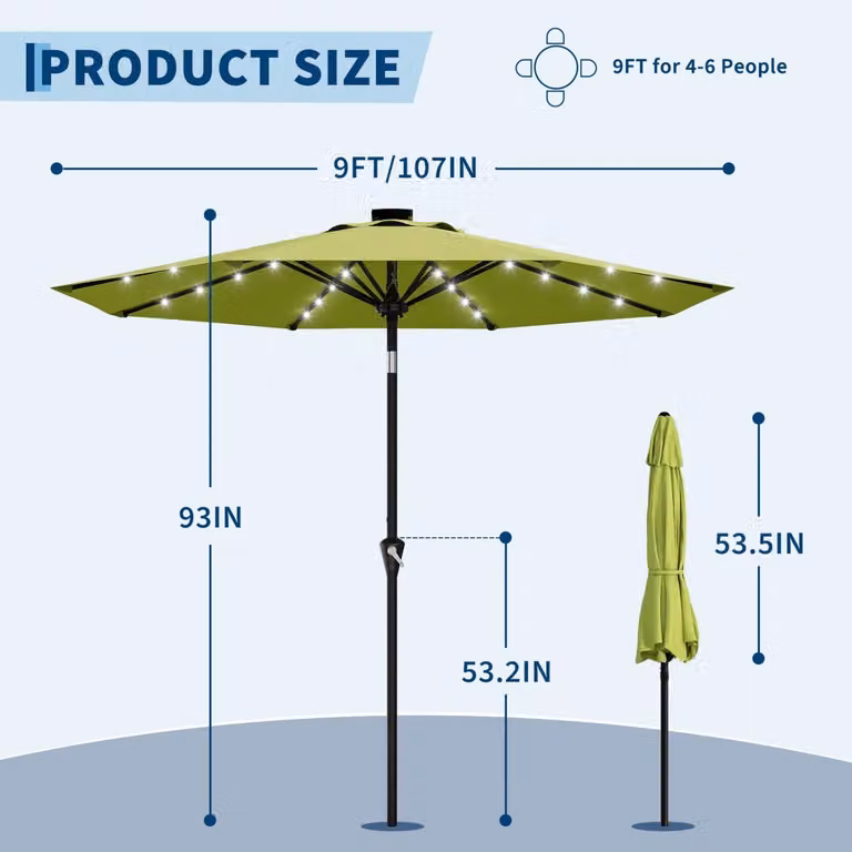 Ombrellone solare per terrazza, 2,7 metri - Ombrellone da giardino per tavoli - Illuminazione LED - Meccanismo a manovella - Funzione di inclinazione - 8 robuste stecche - Verde