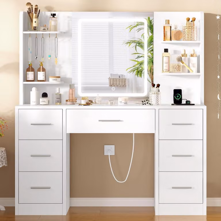 Comò da trucco con illuminazione a LED, specchio, prese di corrente e 7 cassetti, colore bianco