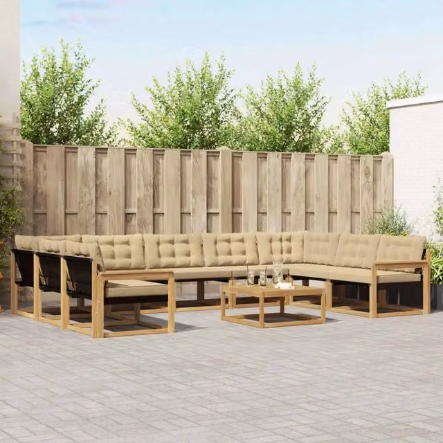Set di divani da esterno a forma di U vidaXL in legno di acacia con tavolino e cuscini Bianco e Beige