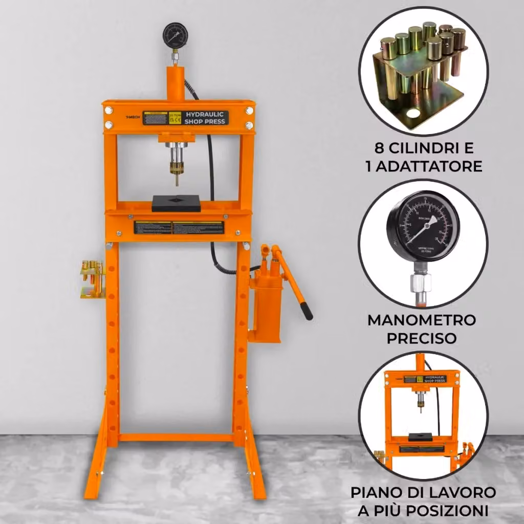 Pressa idraulica da officina MONSTER SHOP da 20 tonnellate con manometro, modello a pavimento in acciaio, colore arancione – 2