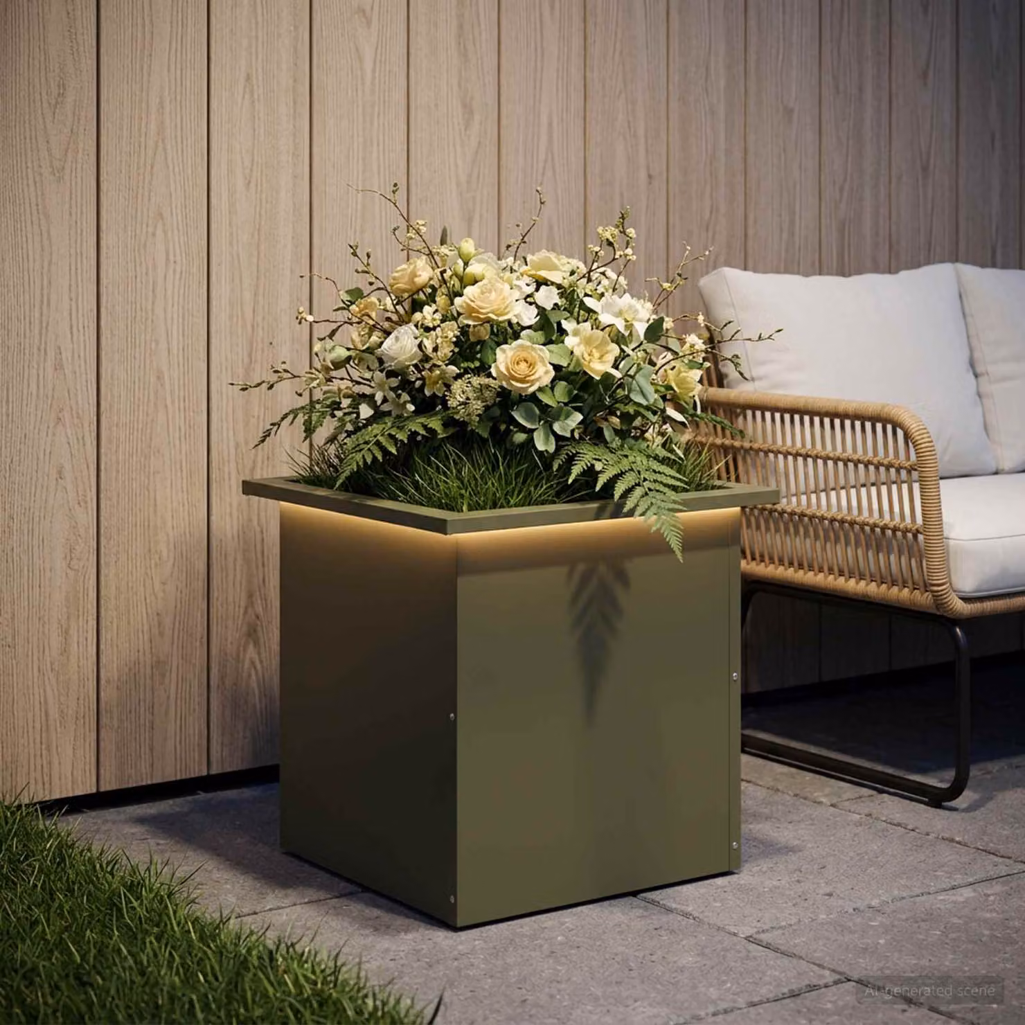 Fioriera da giardino con LED vidaXL in acciaio, Verde Oliva, L/P/H: 40 x 40 x 40 cm