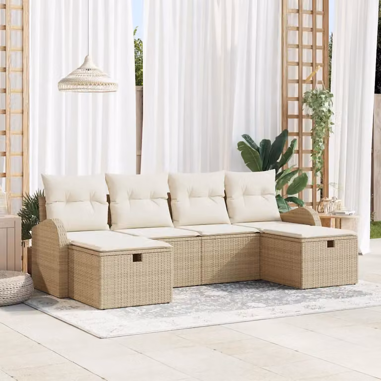 Set Divano da Giardino a L con Ottoman vidaXL in Polyrattan Beige, 6 Pezzi con Cuscini Inclusi