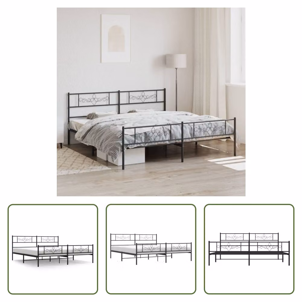 The Living Store Struttura letto con testiera e pediera in metallo nero 200x200 cm