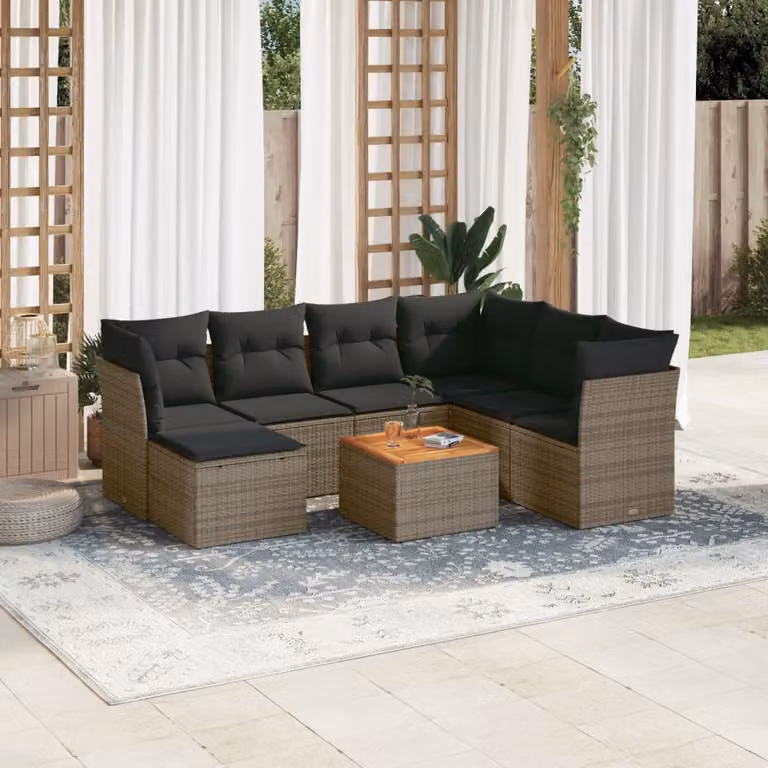 vidaXL Set Divano da Giardino 8 pz a L in Polyrattan con Cuscini e Tavolino, Grigio e Marrone