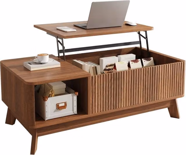 Tavolino da salotto con funzione sollevabile, scomparto laterale aperto, design moderno a onde, in MDF
